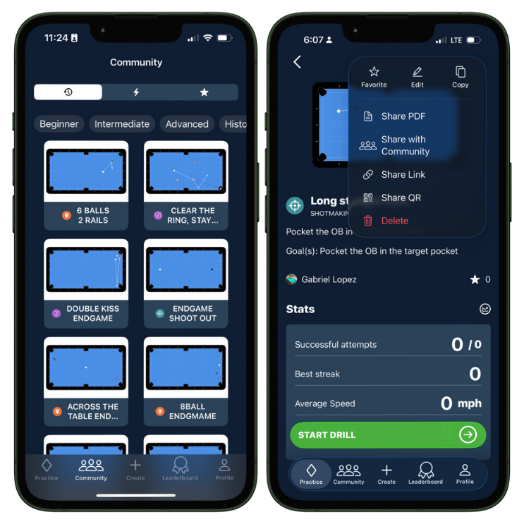 Two screen captures, one of the community section of DrillRoom, the other a drill detail showing sharing options