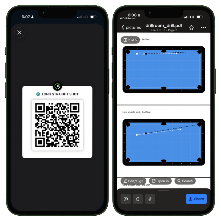 Screen captures of a drill QR code, and generated pdf