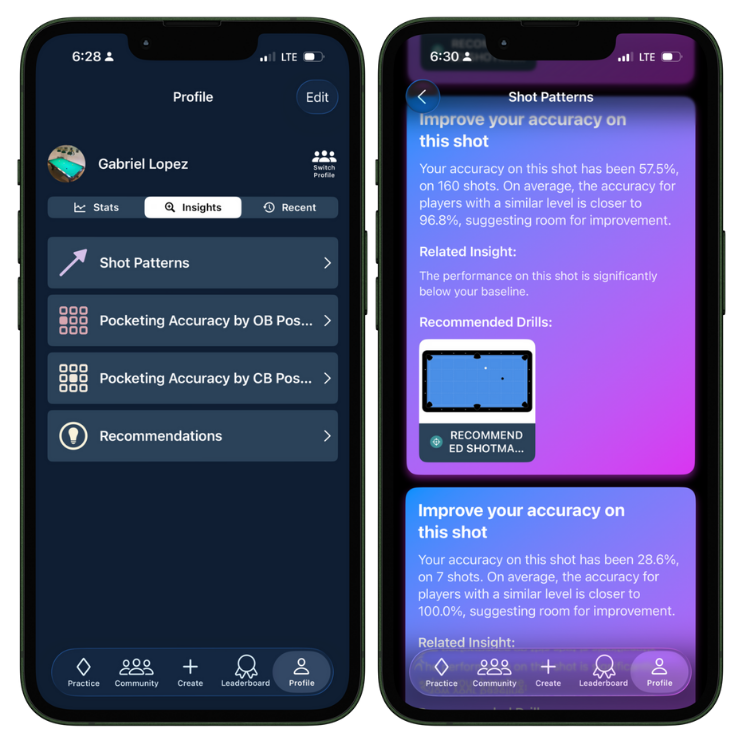 Profile insights section of DrillRoom, and recommendations